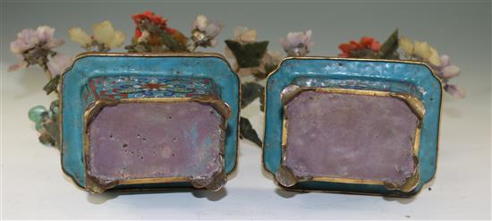 A pair of Chinese hardstone and coral mounted models of trees in cloisonné enamel jardinieres, early 20th century, 30cm, some losses